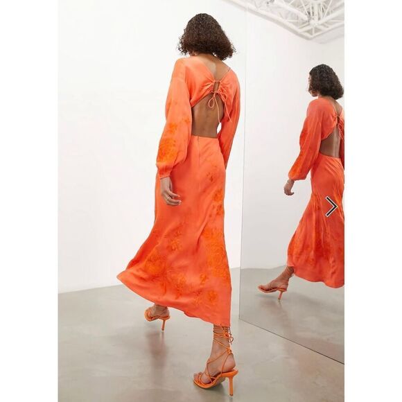 ASOS EDITION Long Sleeve Tonal Floral Embroidered Midi Dress in Bright Orange Si - Picture 2 of 12